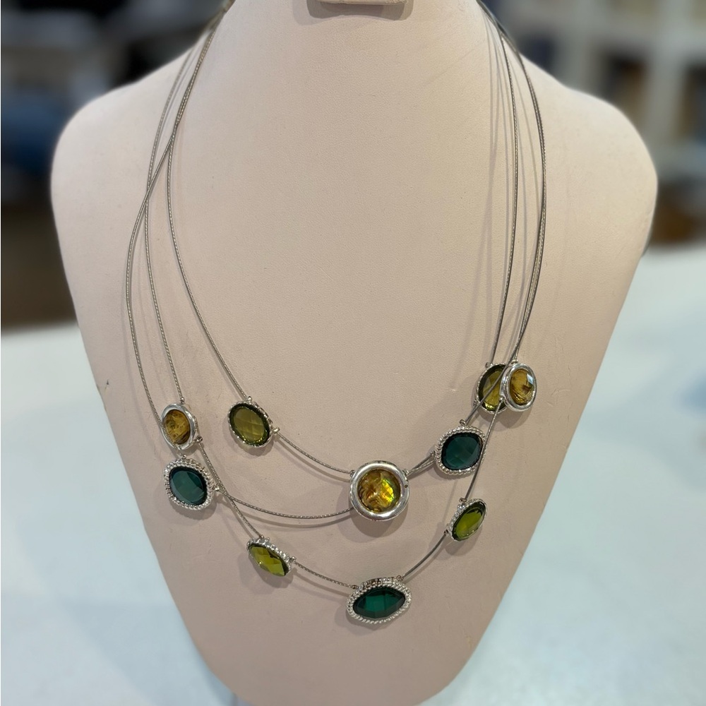 Elegant Silver Necklace with Green and Yellow Accents